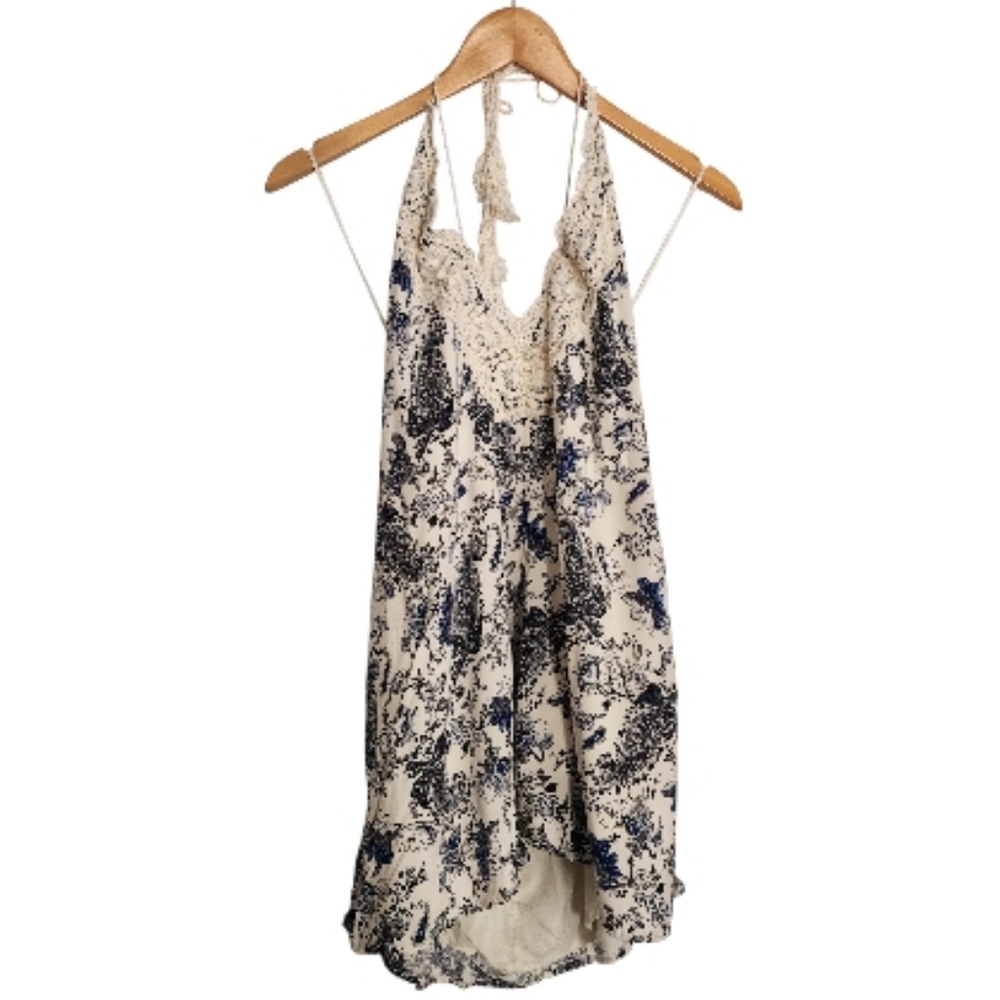 Stella Laguna Beach Cream and Blue Halter Top With Lace Sz L